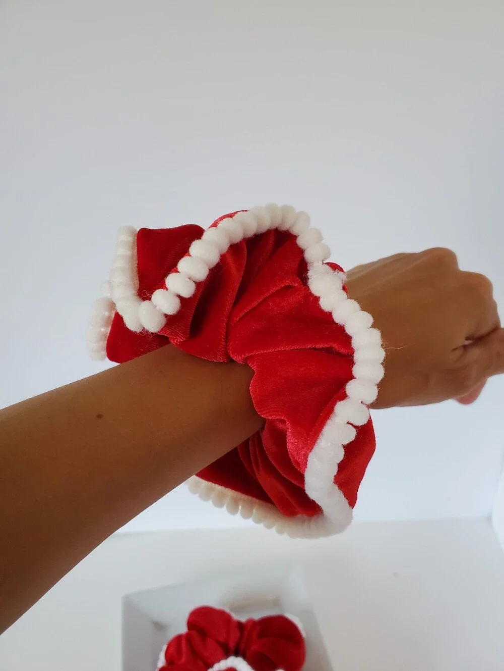 Handmade Mrs. Claus Red Velvet Pom-Pom Christmas Hair Scrunchies- Hair Tie OS